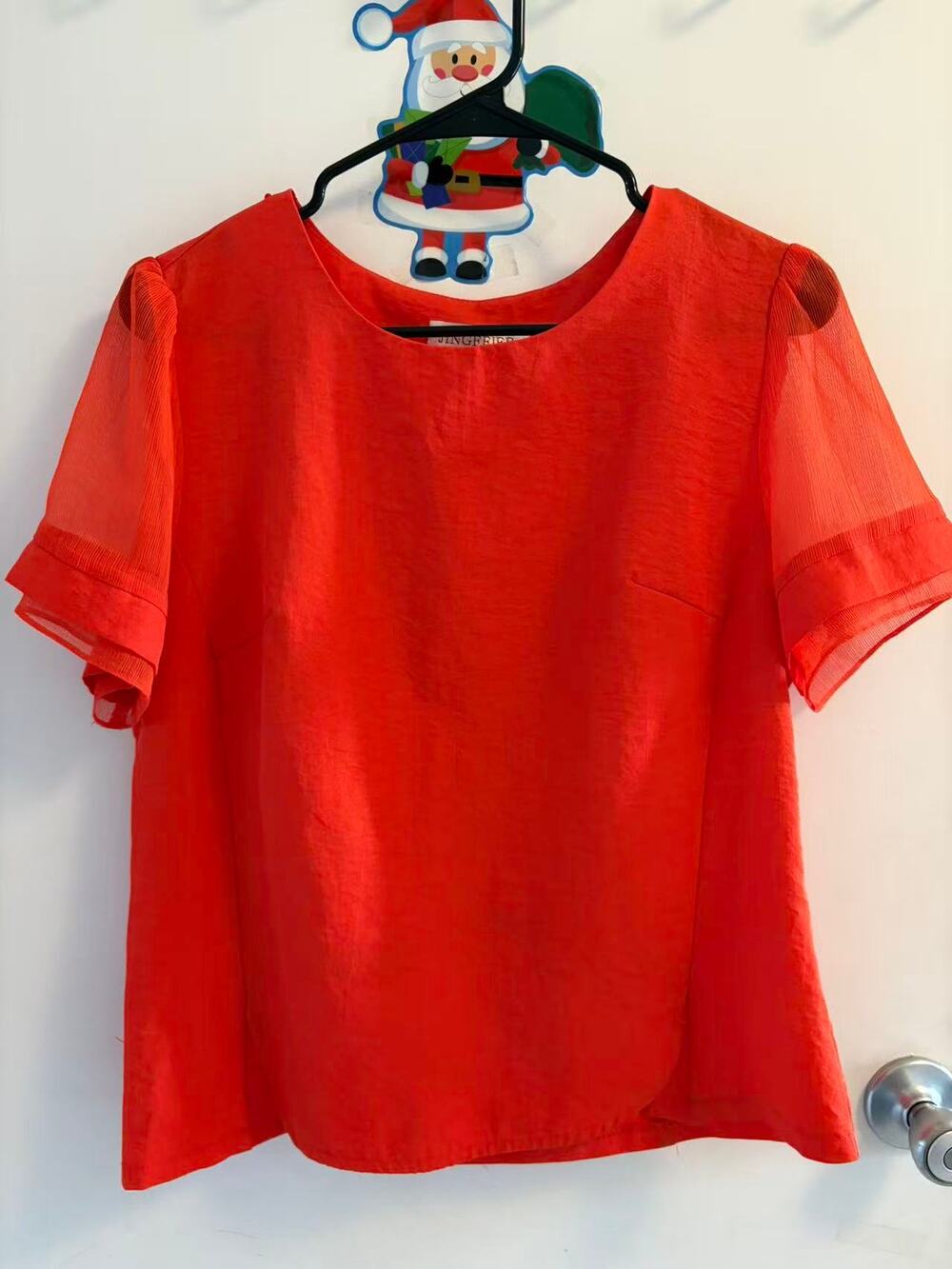 Womens Coral Orange Short Sheer Sleeve Blouse Scoop Neck Dressy Summer Top M